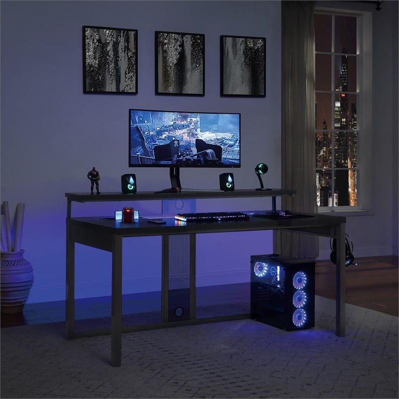 Scranton & Co 63-Inch Gaming Desk in Black with RGB LED Lights and USB Hub