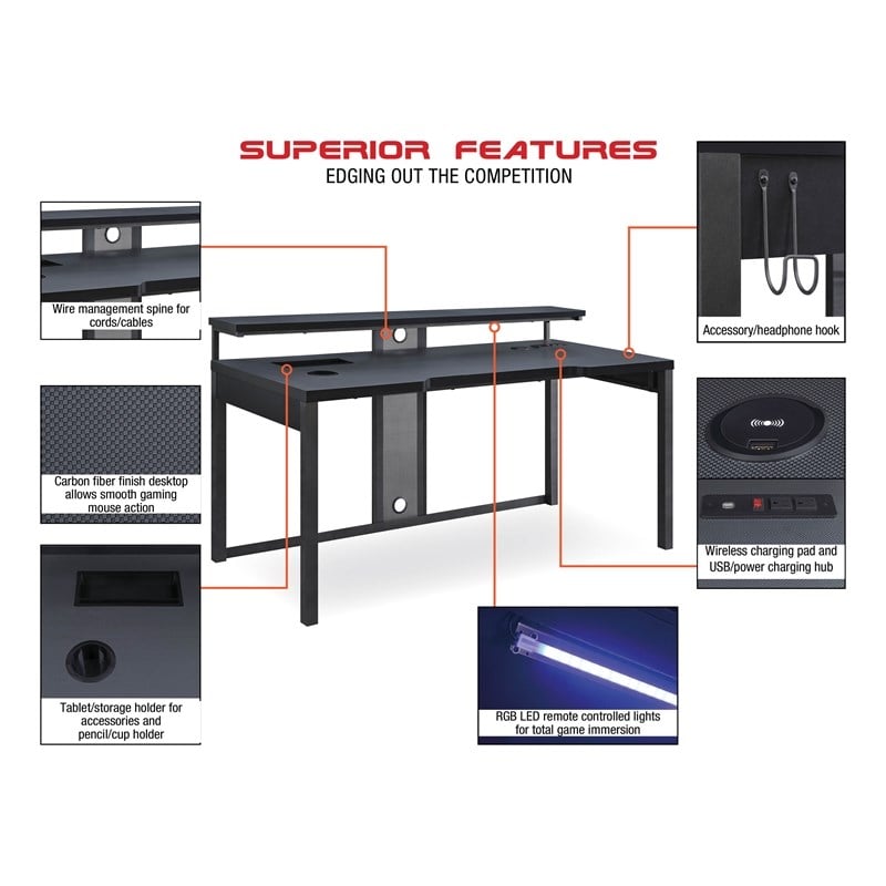 Scranton & Co 63-Inch Gaming Desk in Black with RGB LED Lights and USB Hub