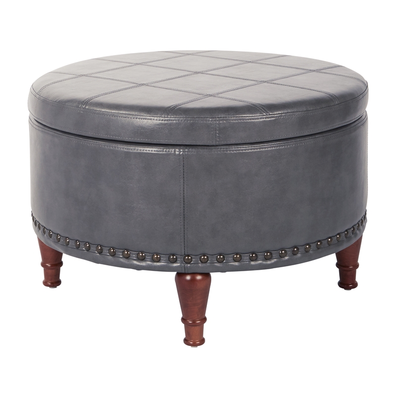 Scranton & Co Pewter Faux Leather Storage Ottoman with Bronze Nailhead Trim