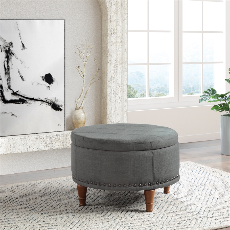 Scranton & Co Charcoal Fabric Storage Ottoman with Antique Bronze Nailhead Trim