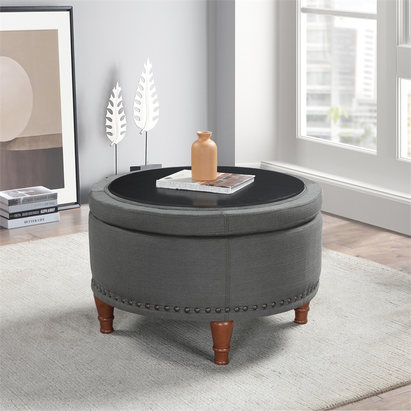 Scranton & Co Charcoal Fabric Storage Ottoman with Antique Bronze Nailhead Trim