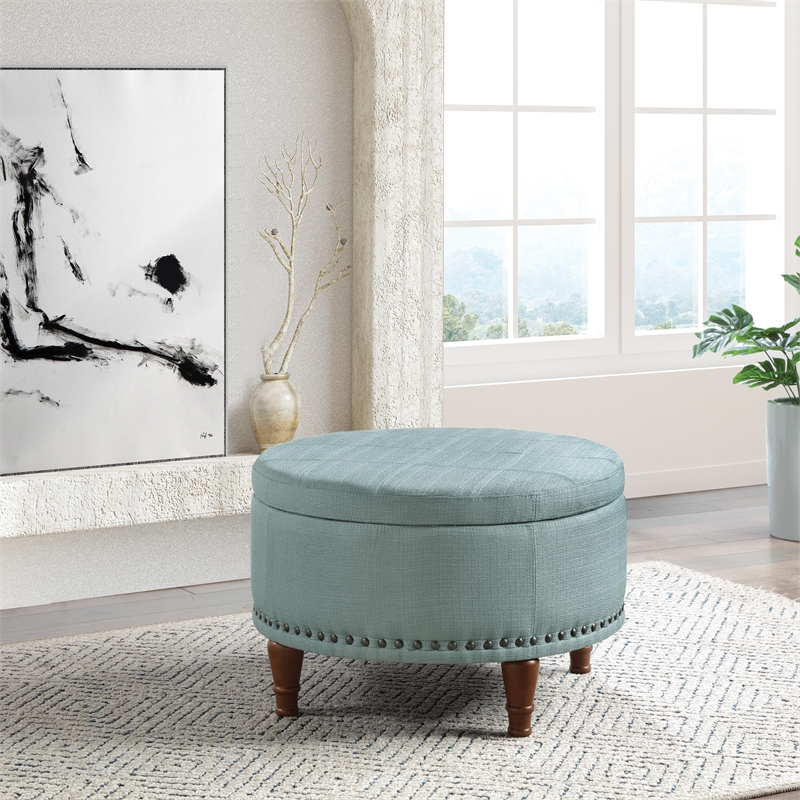 Scranton & Co Sea Blue Fabric Storage Ottoman with Antique Bronze Nailhead Trim