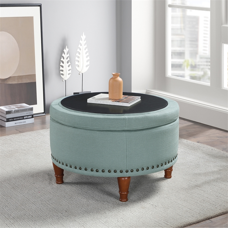 Scranton & Co Sea Blue Fabric Storage Ottoman with Antique Bronze Nailhead Trim