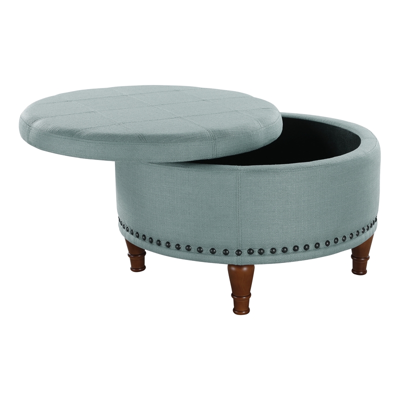 Scranton & Co Sea Blue Fabric Storage Ottoman with Antique Bronze Nailhead Trim