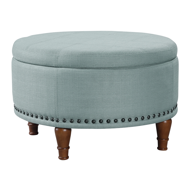 Scranton & Co Sea Blue Fabric Storage Ottoman with Antique Bronze Nailhead Trim