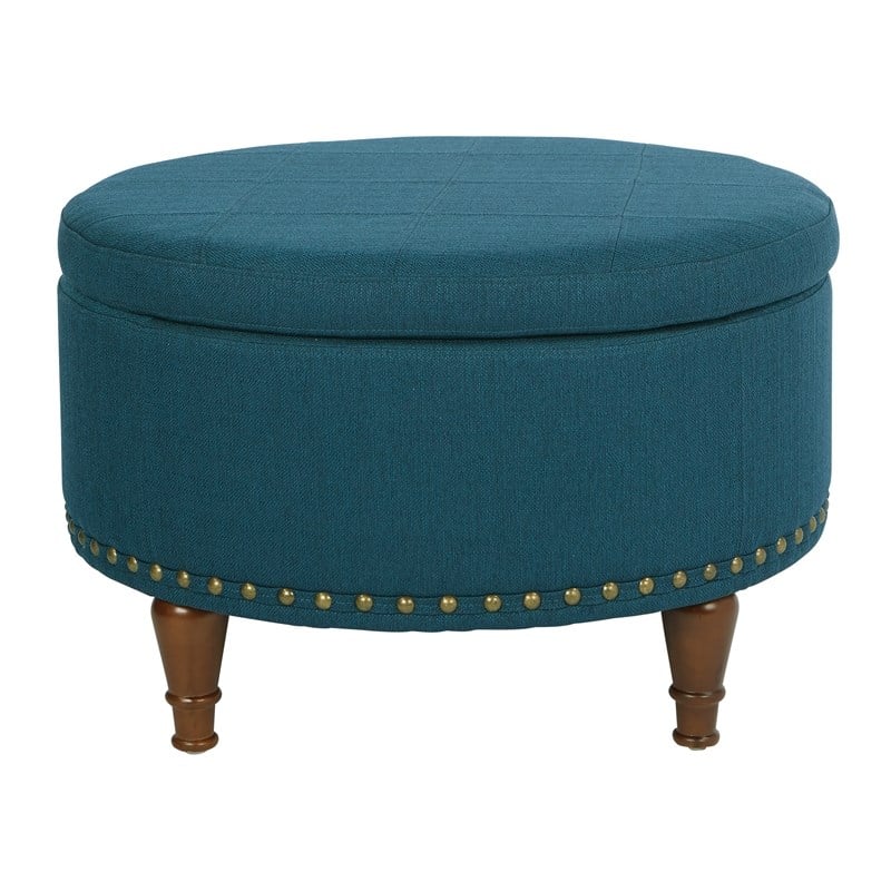 Scranton & Co Azure Blue Fabric Storage Ottoman with Bronze Nailhead Trim