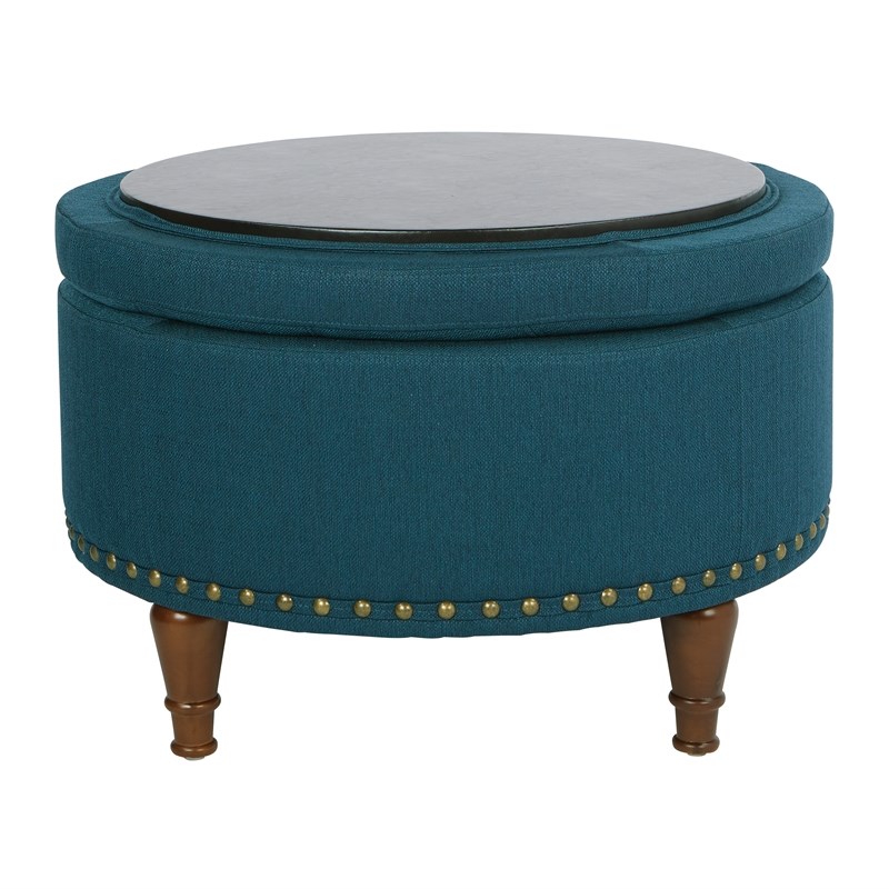 Scranton & Co Azure Blue Fabric Storage Ottoman with Bronze Nailhead Trim