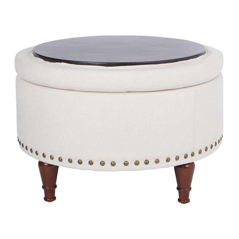 Scranton & Co Linen Natural Fabric Storage Ottoman with Bronze Nailhead Trim
