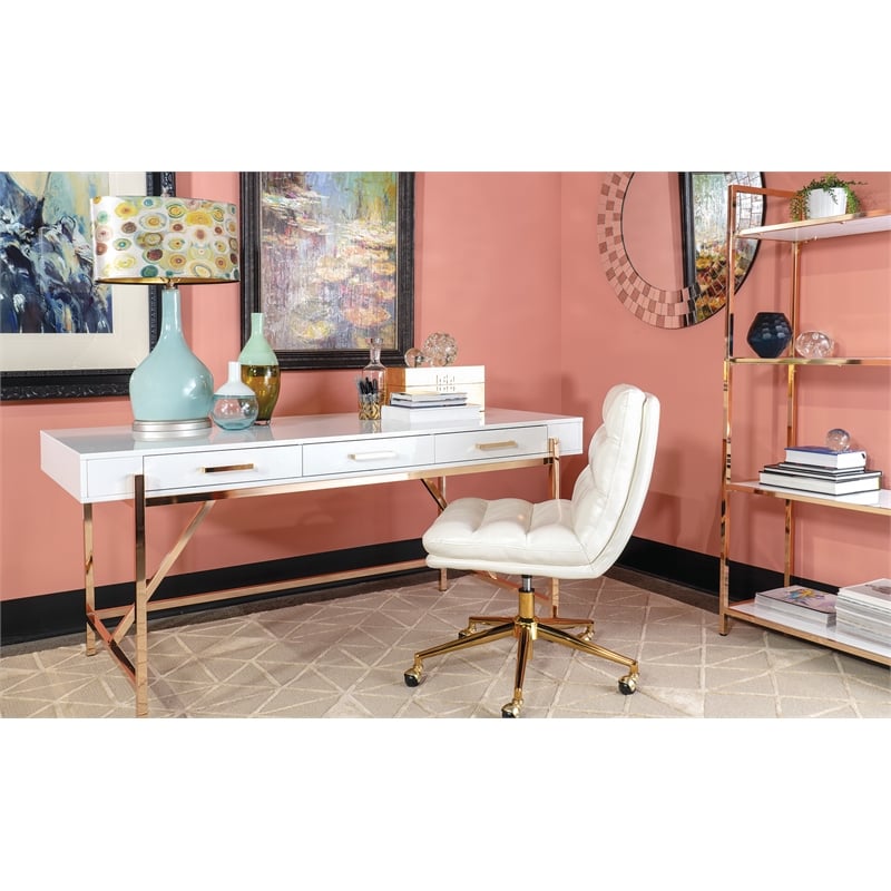Scranton & Co White Gloss Desk with Gold Plated Base and Drawers