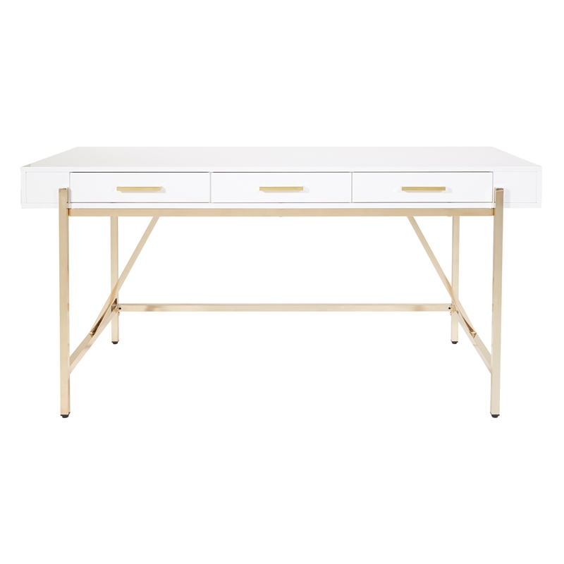 Scranton & Co White Gloss Desk with Gold Plated Base and Drawers
