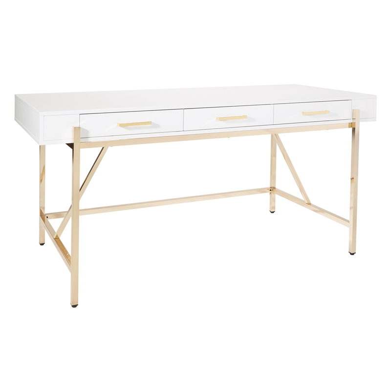 Scranton & Co White Gloss Desk with Gold Plated Base and Drawers