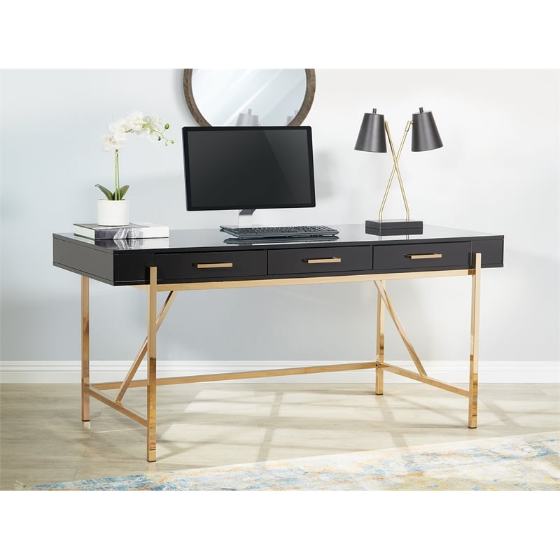 Scranton & Co Black Gloss Desk with Gold Frame and 3 Drawers