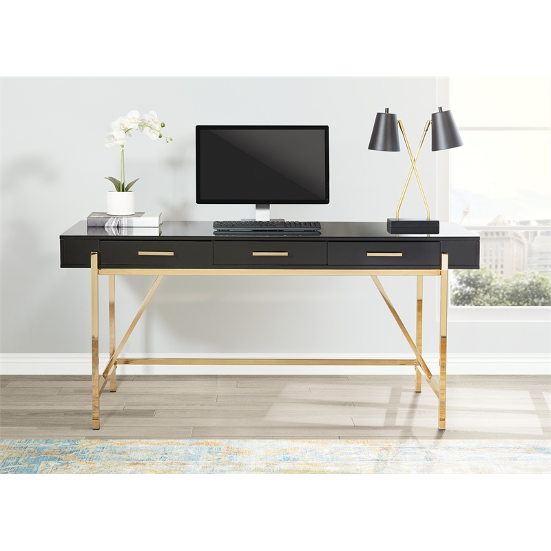 Scranton & Co Black Gloss Desk with Gold Frame and 3 Drawers