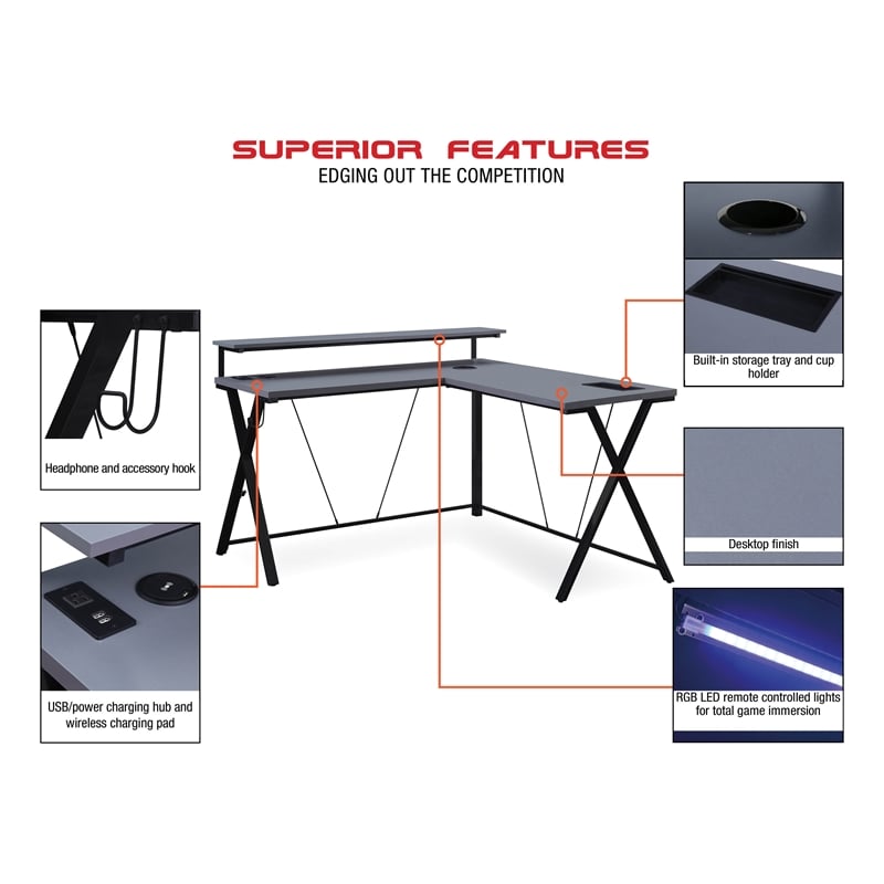 Scranton & Co L-Shaped Black Gaming Desk with RGB LED and Power Hub