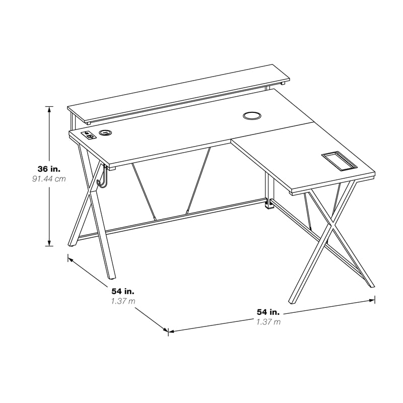 Scranton & Co L-Shaped Black Gaming Desk with RGB LED and Power Hub