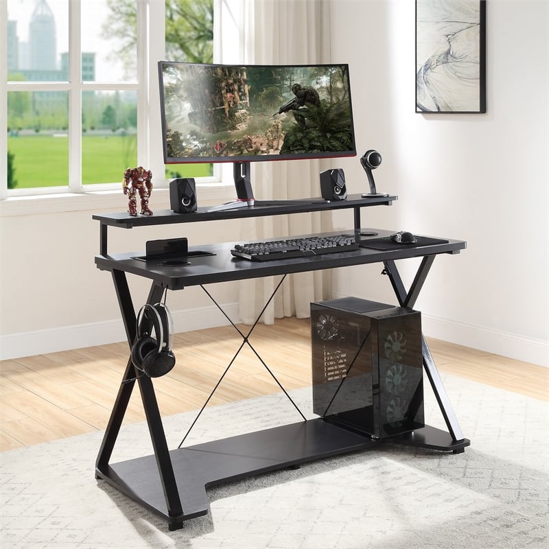 Scranton & Co Black and Carbon Gaming Desk with RGB LED and Power Hub