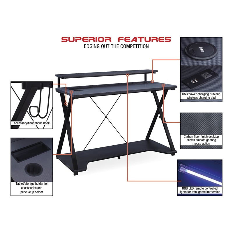 Scranton & Co Black and Carbon Gaming Desk with RGB LED and Power Hub