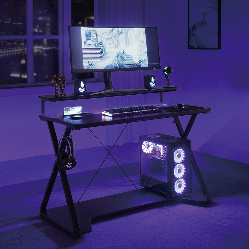 Scranton & Co Black and Carbon Gaming Desk with RGB LED and Power Hub