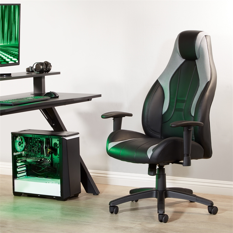 Scranton & Co Black Faux Leather Gaming Chair with Gray Accents & Lumbar Support
