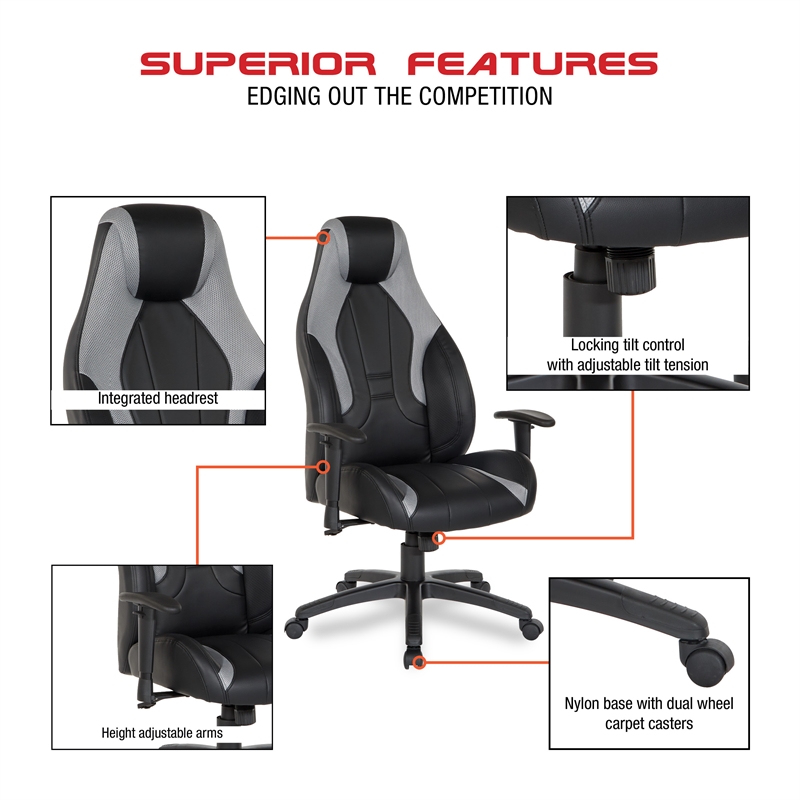 Scranton & Co Black Faux Leather Gaming Chair with Gray Accents & Lumbar Support