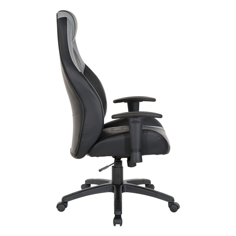 Scranton & Co Black Faux Leather Gaming Chair with Gray Accents & Lumbar Support