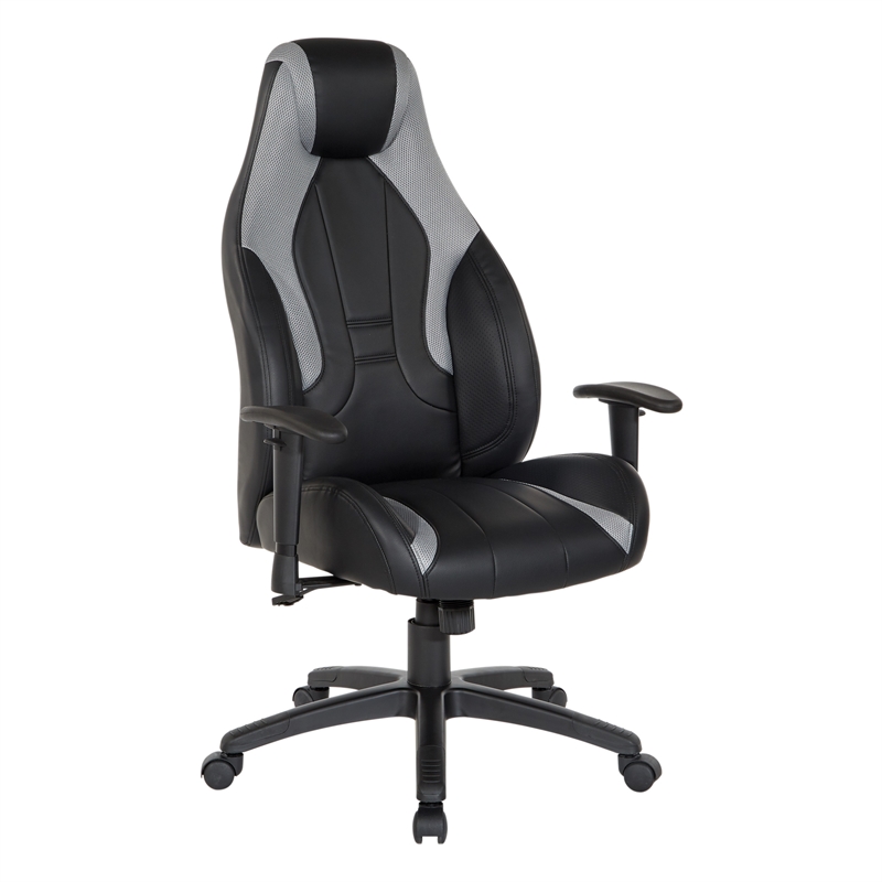 Scranton & Co Black Faux Leather Gaming Chair with Gray Accents & Lumbar Support