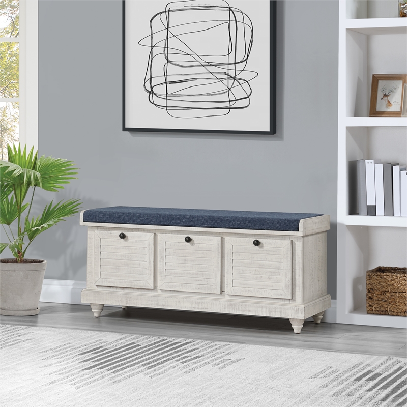 Scranton & Co Coastal Wood Storage Bench in Distressed White with Navy Cushion