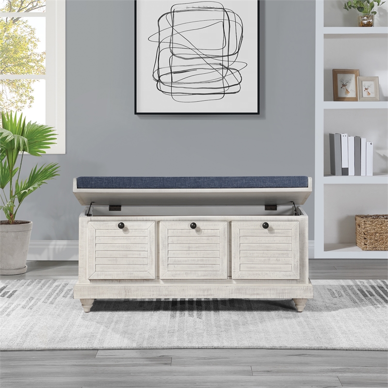Scranton & Co Coastal Wood Storage Bench in Distressed White with Navy Cushion