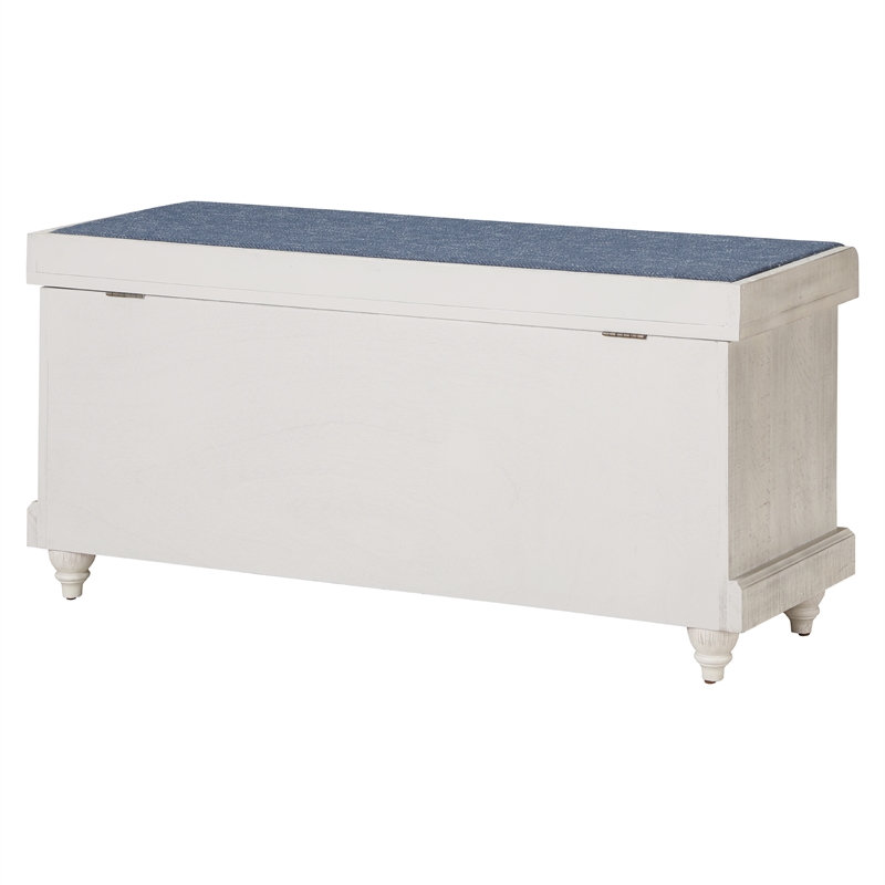 Scranton & Co Coastal Wood Storage Bench in Distressed White with Navy Cushion