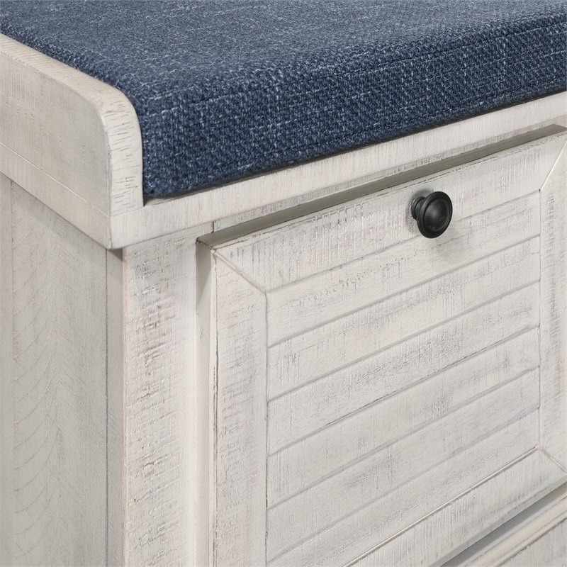 Scranton & Co Coastal Wood Storage Bench in Distressed White with Navy Cushion