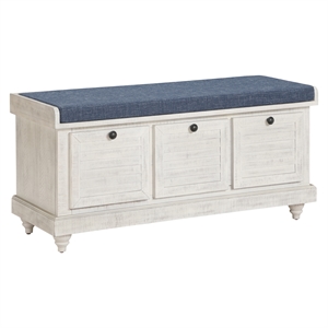 Scranton & Co Coastal Wood Storage Bench in Distressed White with Navy Cushion