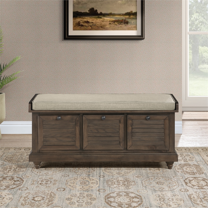 Scranton & Co Coastal Storage Bench in Dark Walnut with Beige Cushion Assembled