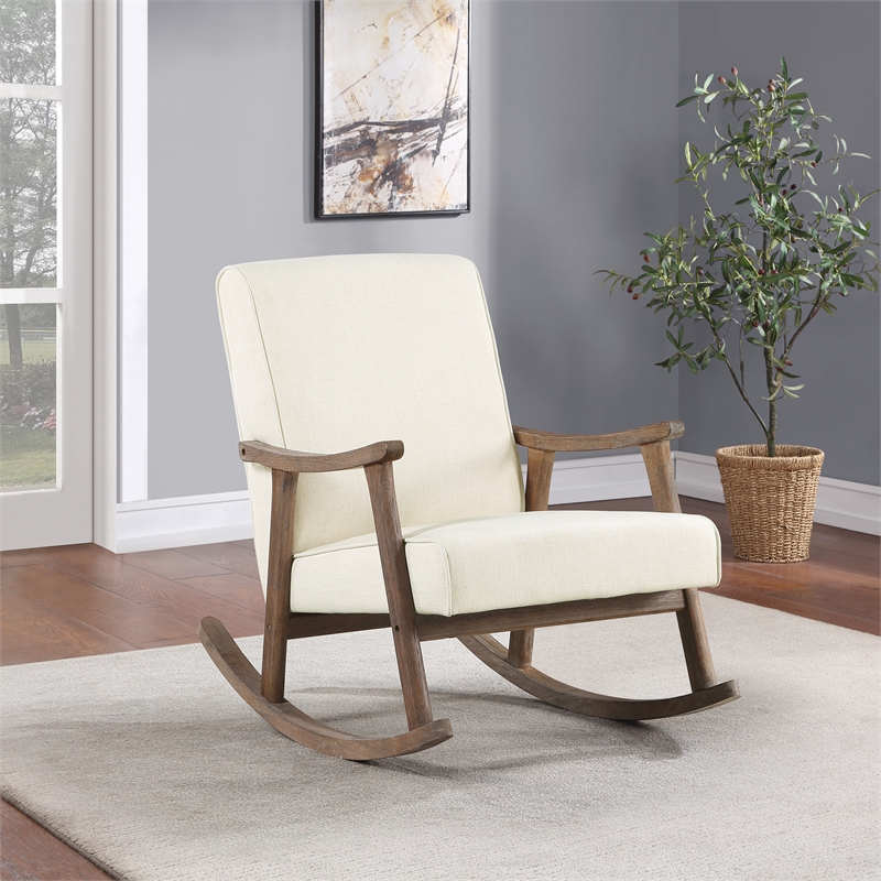 Scranton & Co Mid-Century Rocker in Linen White with Brushed Brown Frame