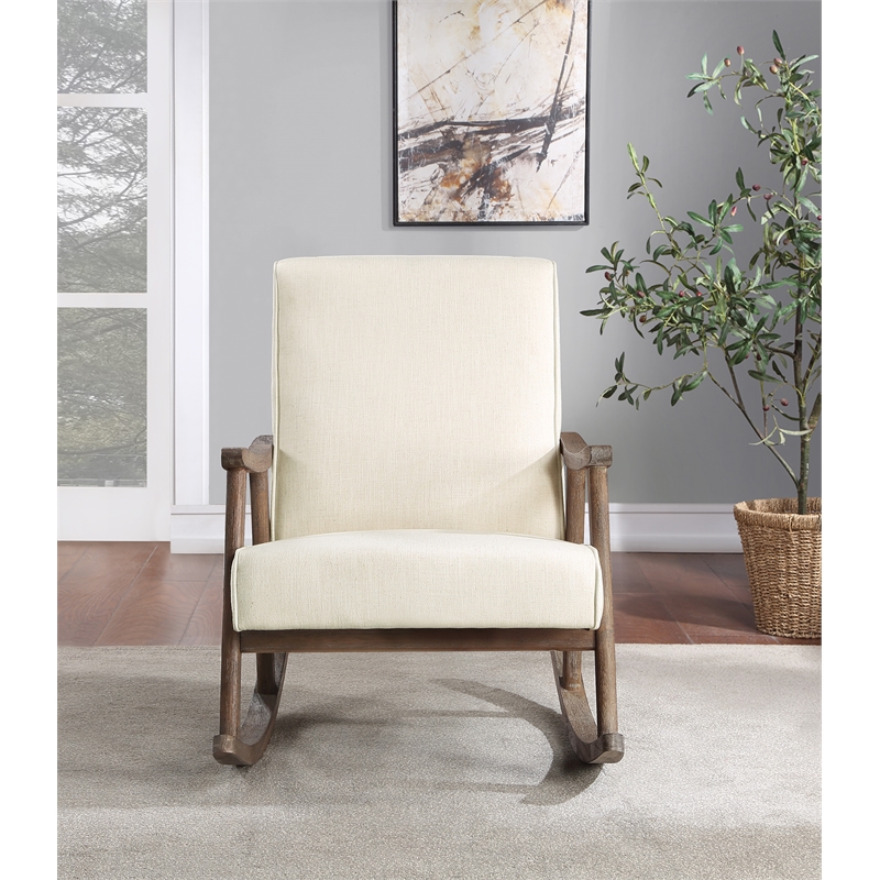 Scranton & Co Mid-Century Rocker in Linen White with Brushed Brown Frame
