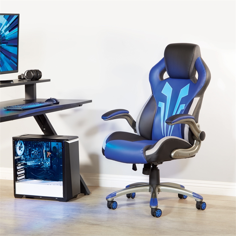 Scranton & Co Gaming Chair in Blue Faux Leather with Lumbar Support