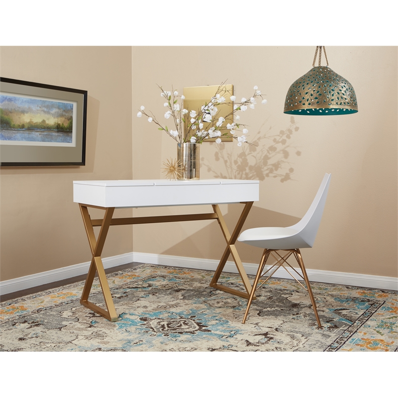 Scranton & Co White Top Vanity Desk with Gold Legs and Hidden Storage