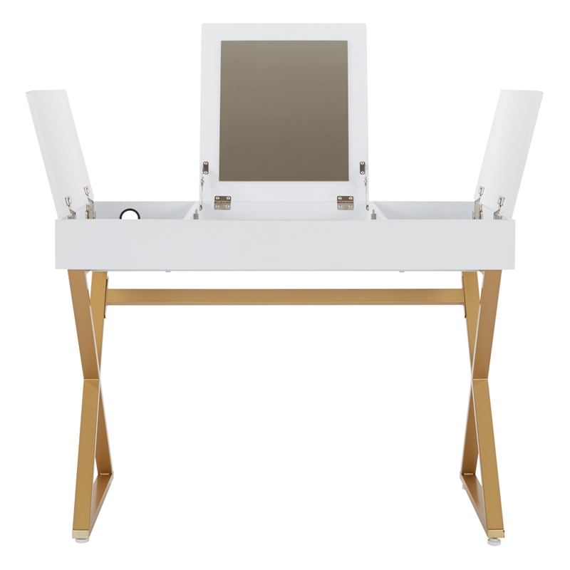 Scranton & Co White Top Vanity Desk with Gold Legs and Hidden Storage