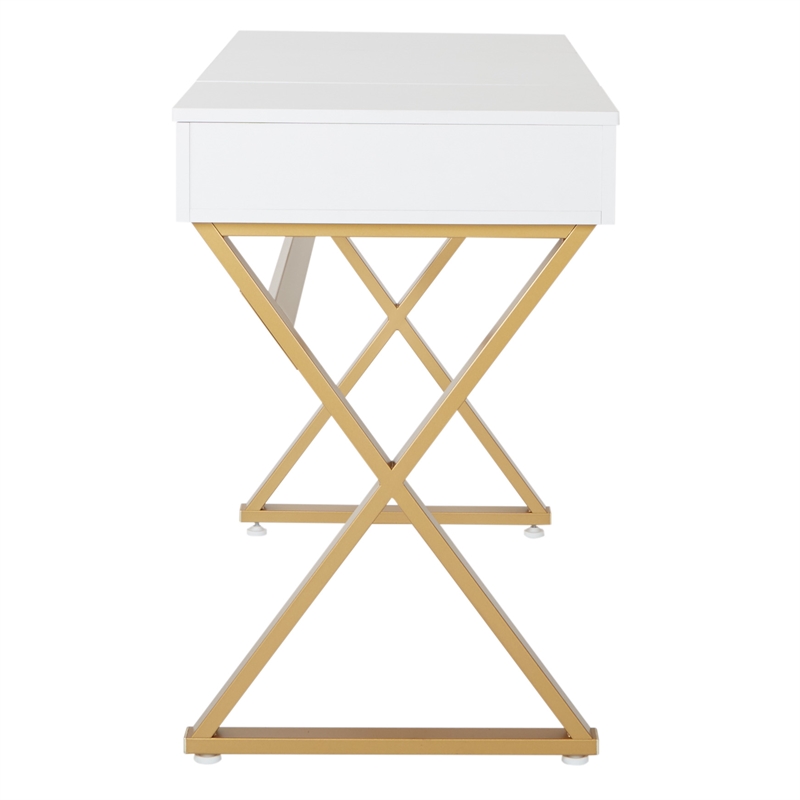 Scranton & Co White Top Vanity Desk with Gold Legs and Hidden Storage