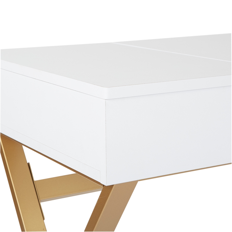 Scranton & Co White Top Vanity Desk with Gold Legs and Hidden Storage
