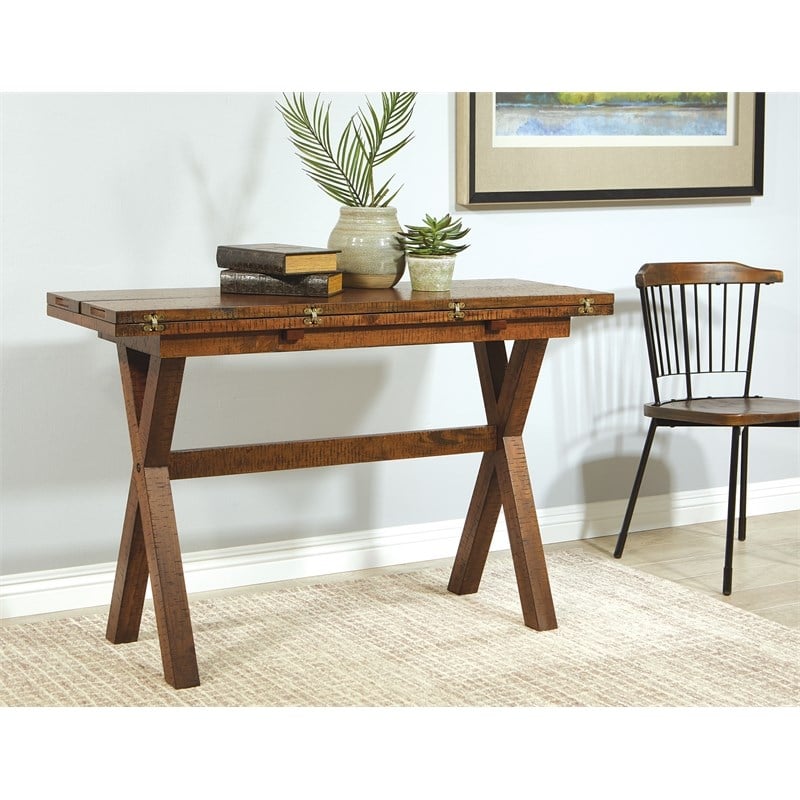Scranton & Co Farmhouse Flip Top Table in Distressed Brown Solid Wood