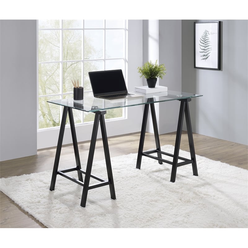 Scranton & Co Clear Glass Top Writing Desk with Black Powder-Coated Steel Base