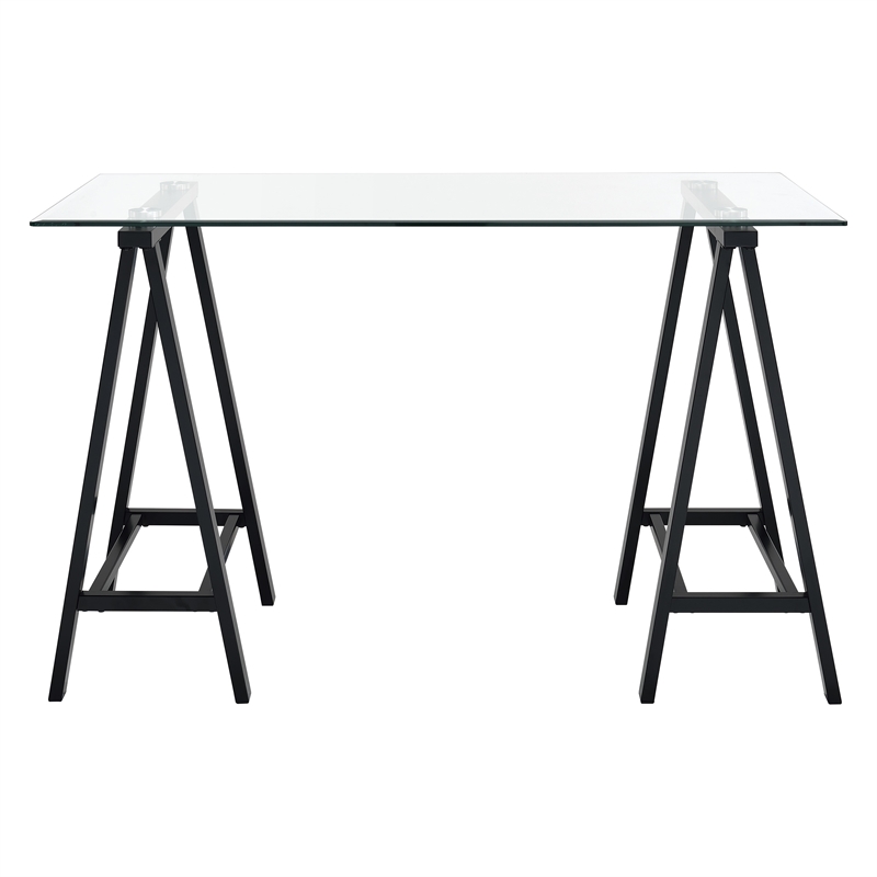 Scranton & Co Clear Glass Top Writing Desk with Black Powder-Coated Steel Base