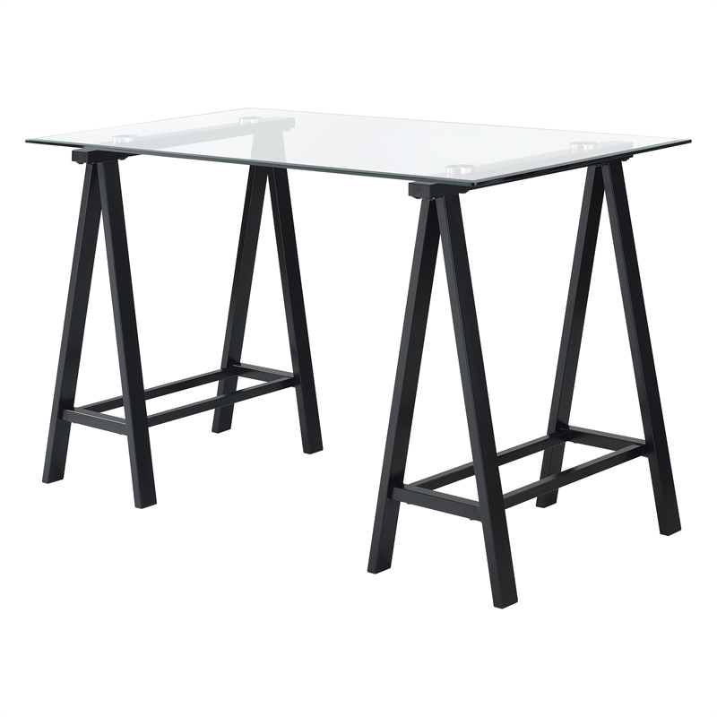 Scranton & Co Clear Glass Top Writing Desk with Black Powder-Coated Steel Base