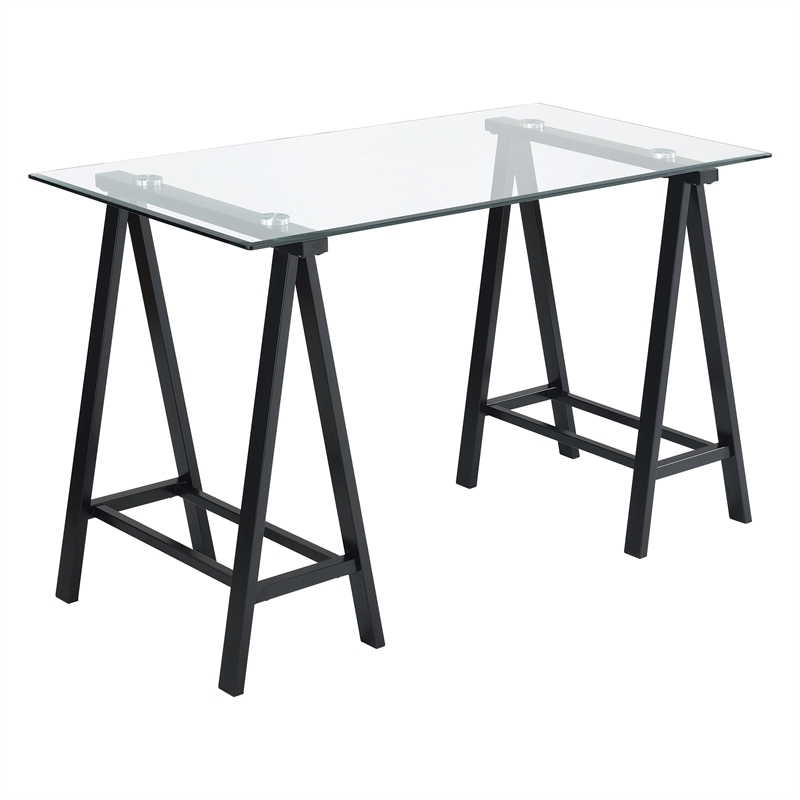 Scranton & Co Clear Glass Top Writing Desk with Black Powder-Coated Steel Base