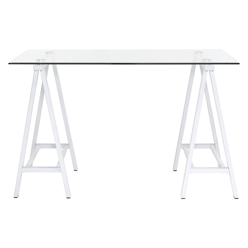 Scranton & Co Clear Glass Top Writing Desk with White Powder-Coated Steel Base