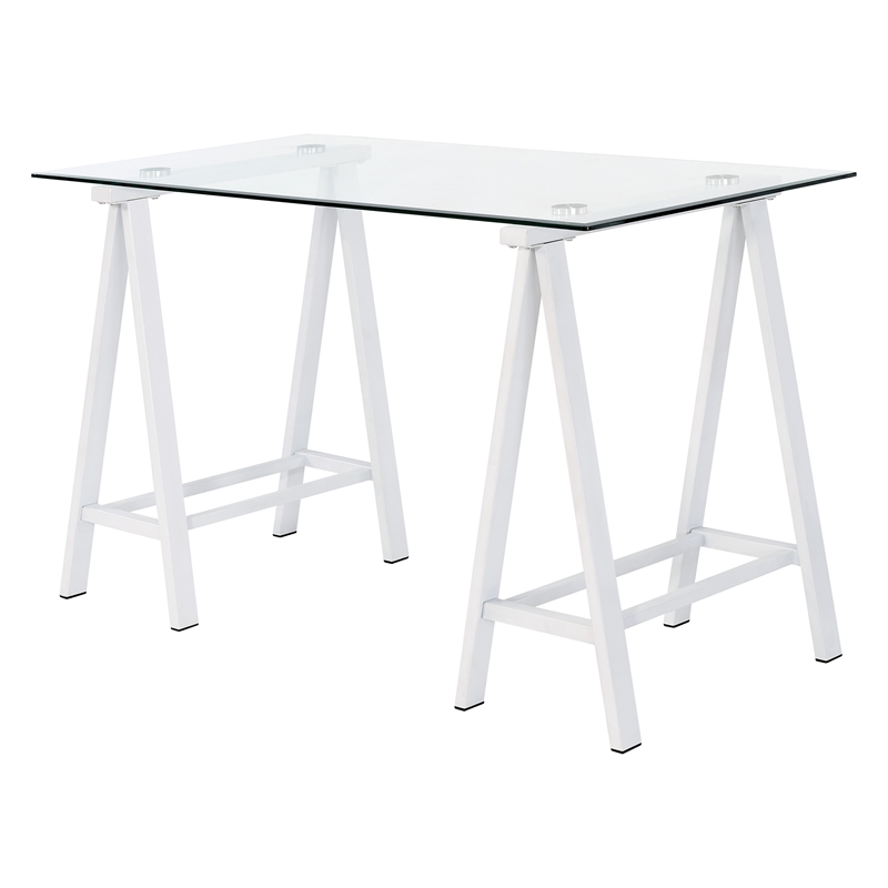 Scranton & Co Clear Glass Top Writing Desk with White Powder-Coated Steel Base