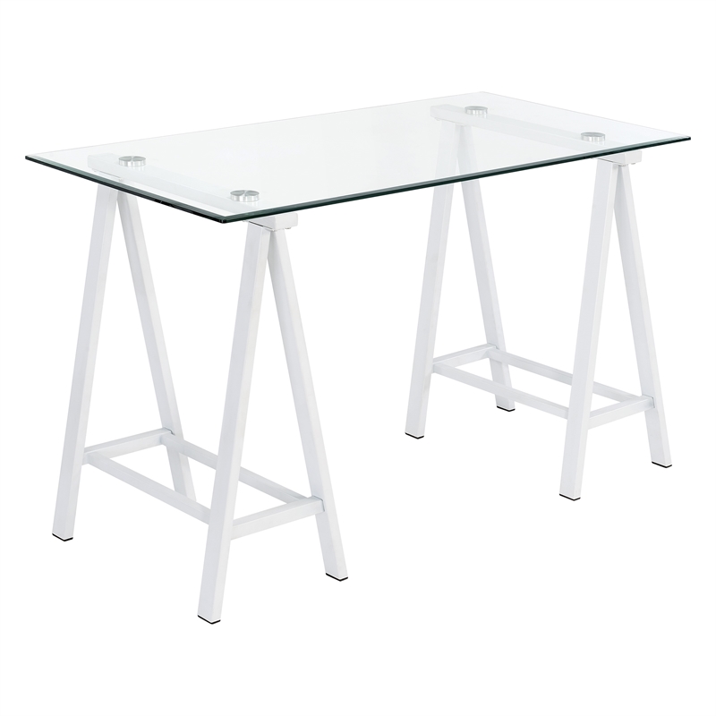 Scranton & Co Clear Glass Top Writing Desk with White Powder-Coated Steel Base