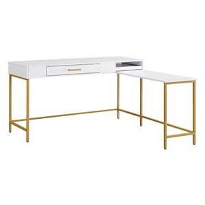 Scranton & Co 54&quot White L-Shaped Desk with Charger Drawer and Gold Metal Legs