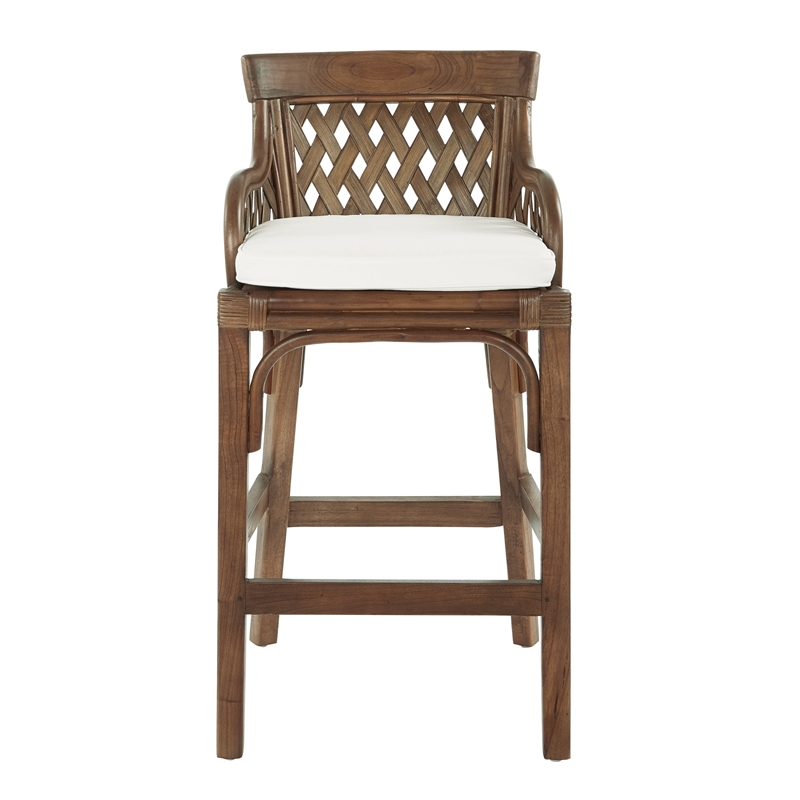 Scranton & Co Brown Stained Wood Rattan Bar Stool with Woven Back & Foam Cushion