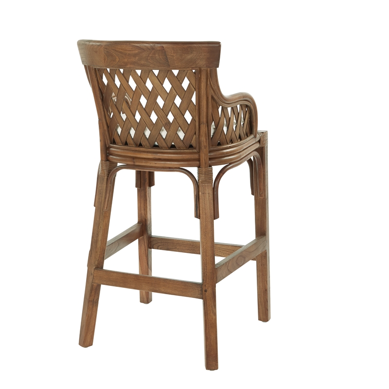 Scranton & Co Brown Stained Wood Rattan Bar Stool with Woven Back & Foam Cushion